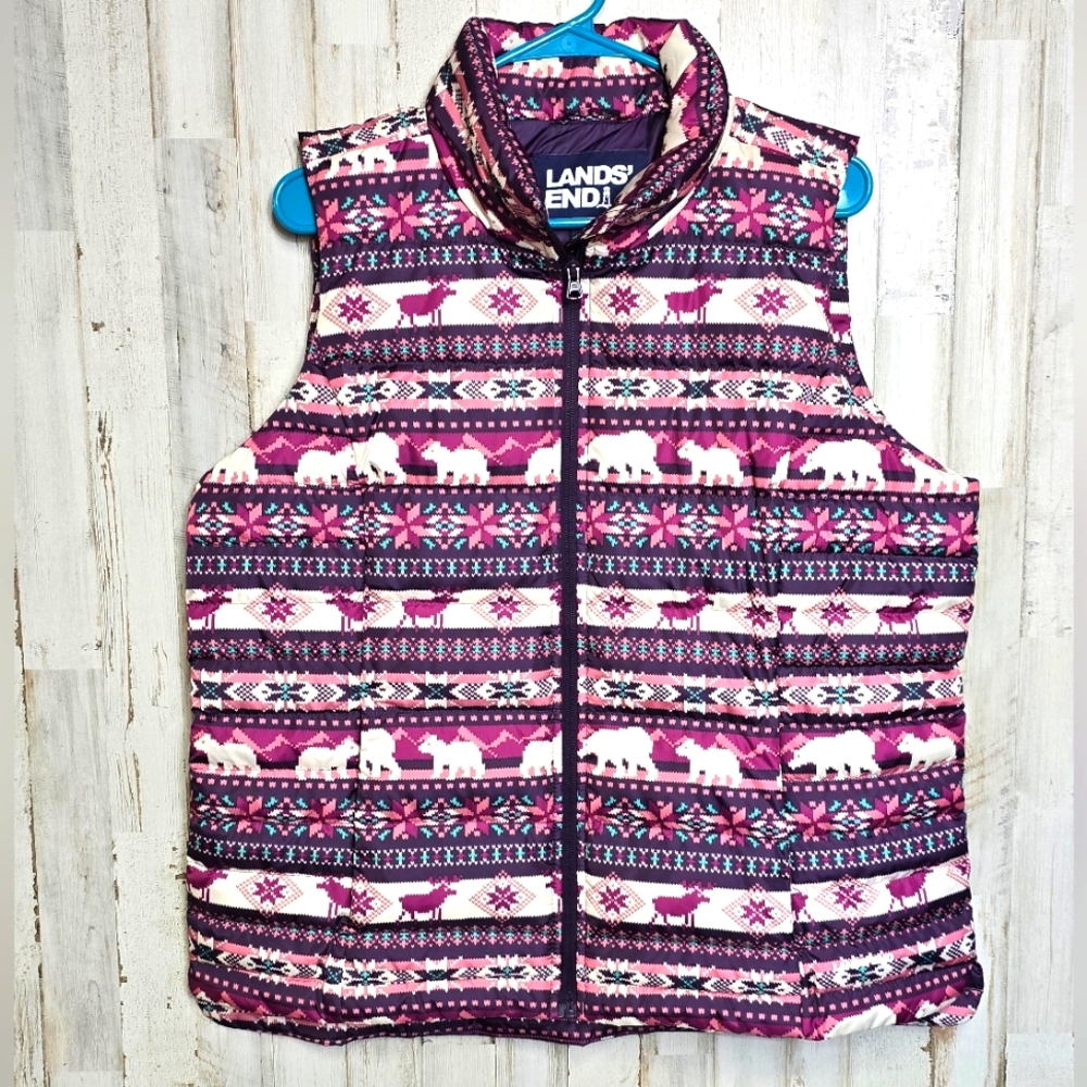 Lands End Women's Down Puffer Vest Fair Isle Print Large WARM